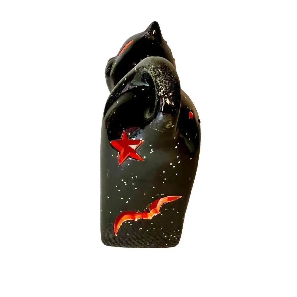 VTG Halloween Black Orange Ceramic Cut Out Glitter Cat Tealight Holder Decor